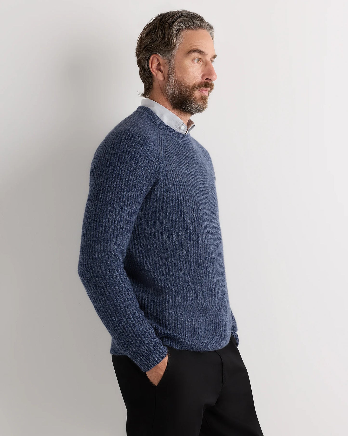 Mongolian Cashmere Fisherman Crewneck Sweater - S / Navy Marl