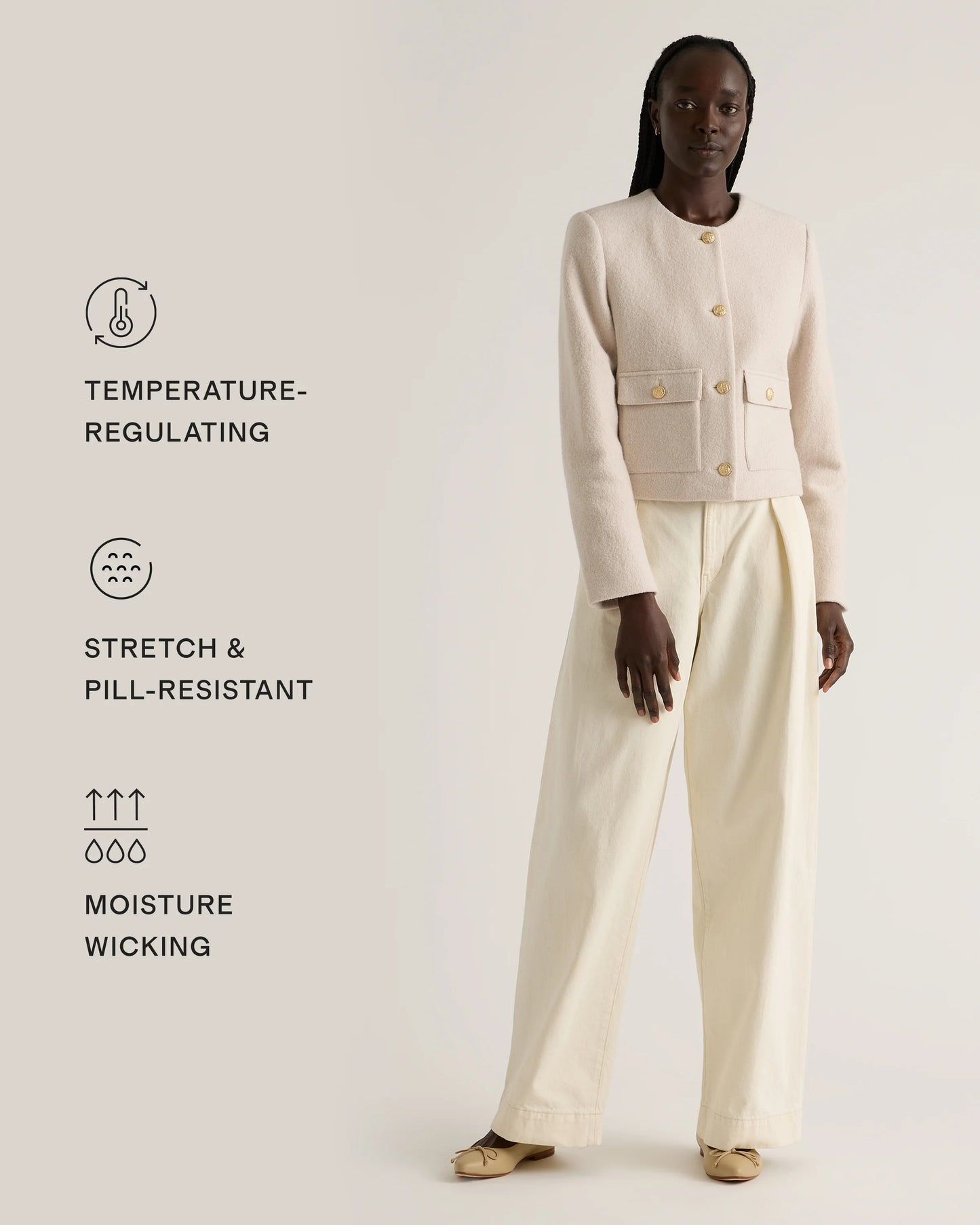 100% Merino Wool Collarless Cropped Jacket - XS / Heather Bone