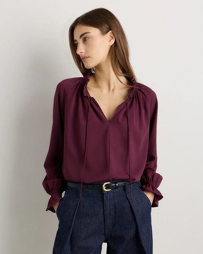 Drapey Chiffon Split Neck Long Sleeve Blouse - XS / Barolo Burgundy