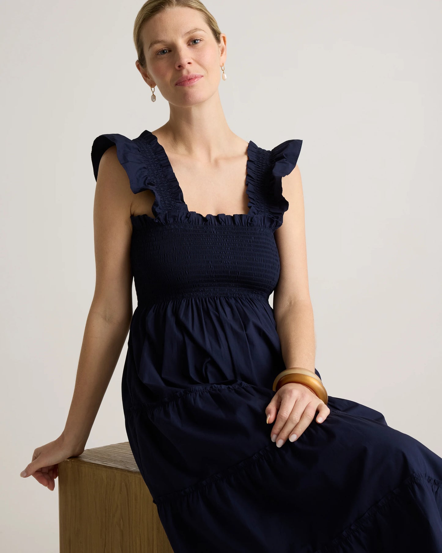 100% Organic Cotton Poplin Maternity Smocked Midi Dress - XS / Classic White