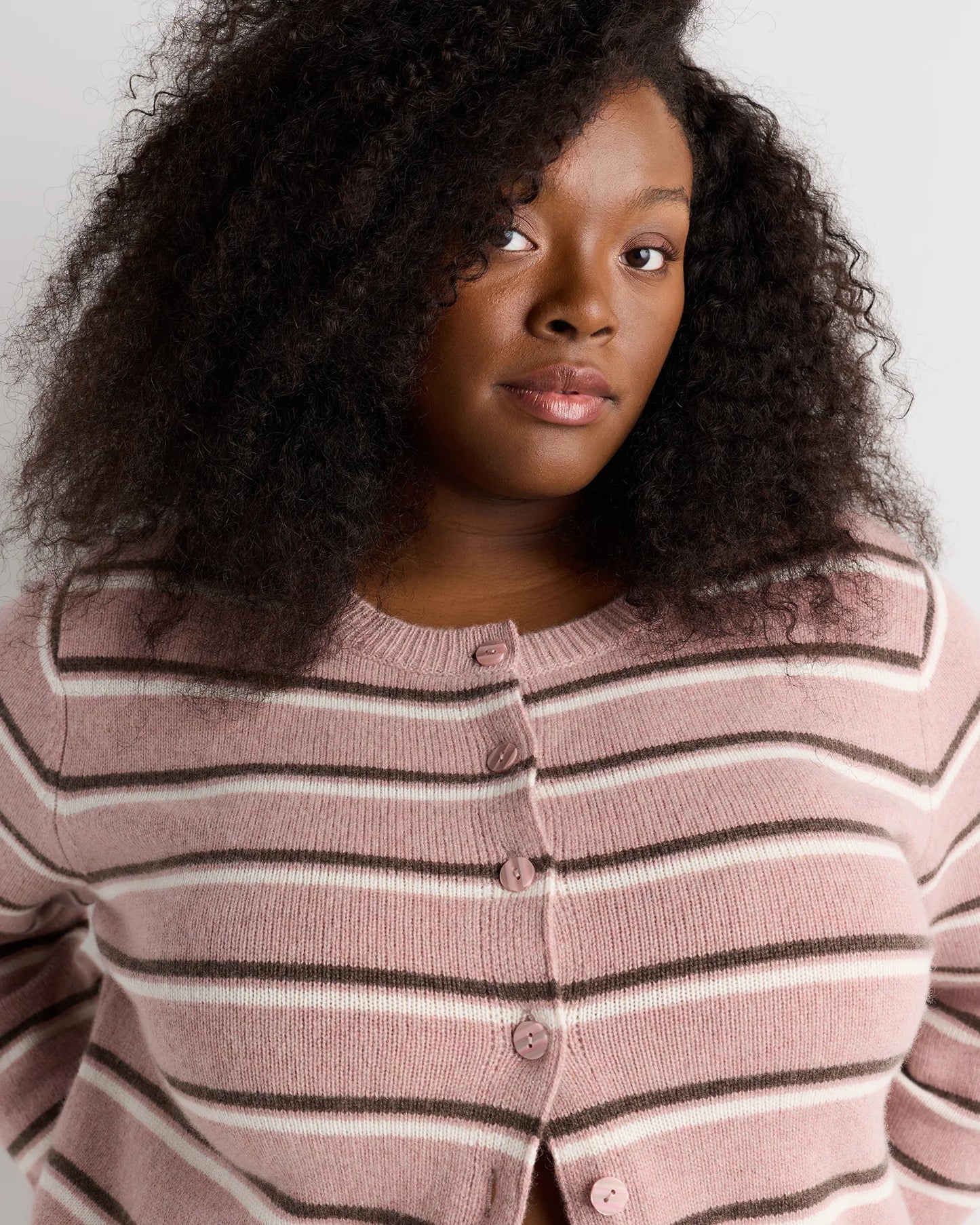 Mongolian Cashmere Cropped Crew Cardigan - 1X / Heather Vintage Pink / Brown Variegated Stripe
