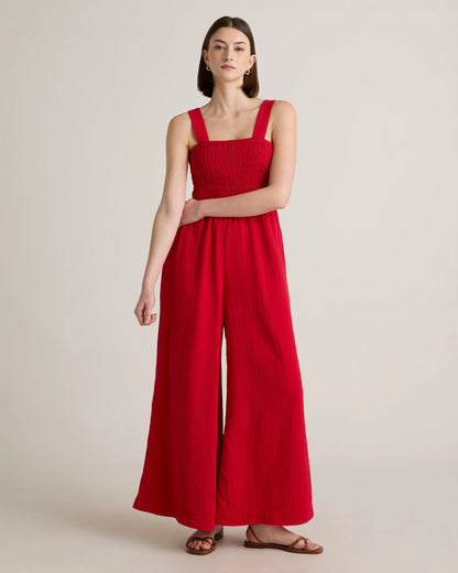 100% Organic Cotton Gauze Smocked Wide Leg Jumpsuit - XS / Spiced Orange