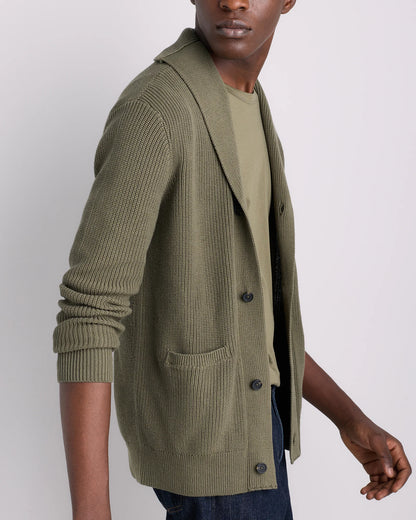 100% Organic Cotton Ribbed Shawl-Collar Cardigan Sweater - S / Bayberry Olive