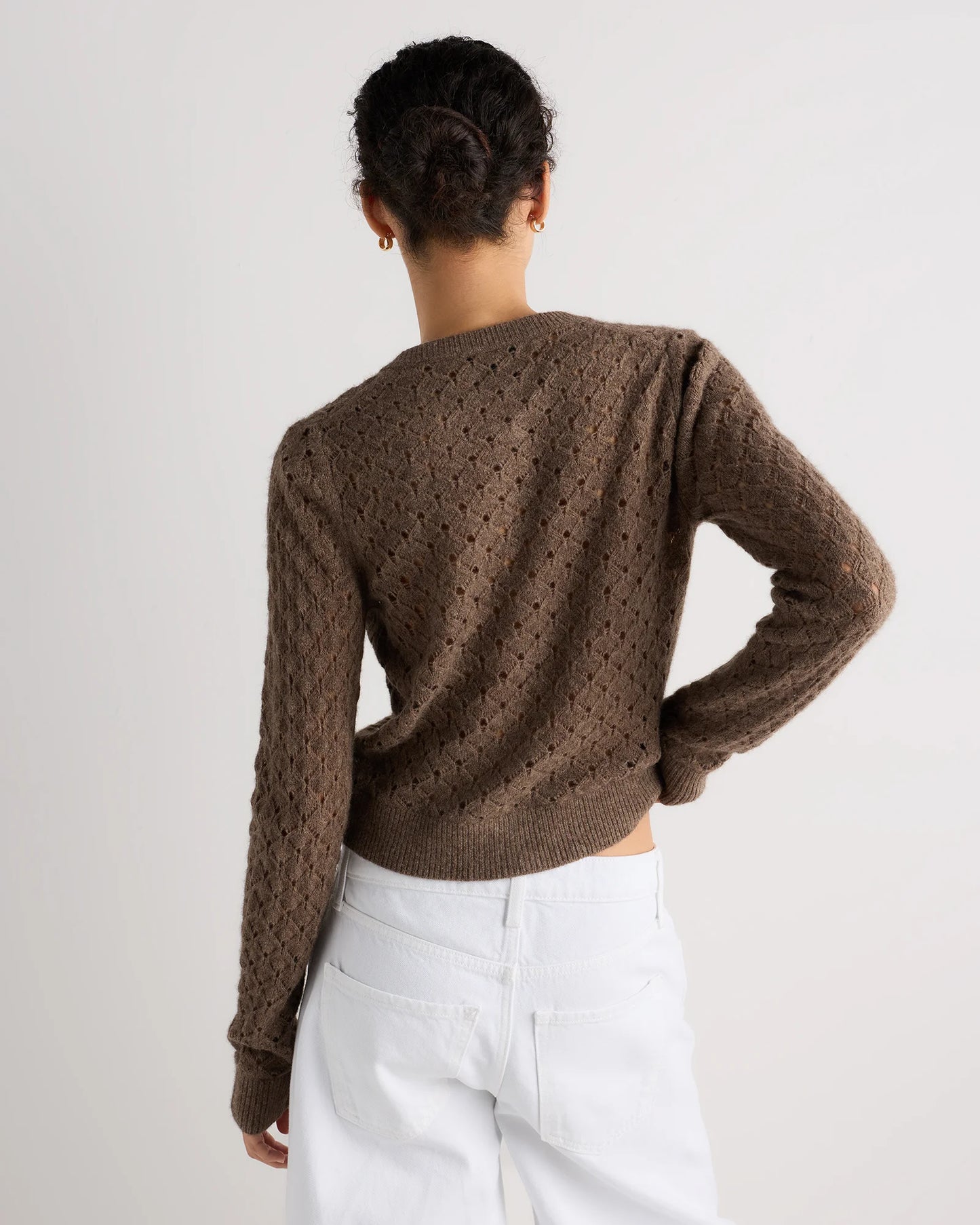100% Yak Wool Pointelle Detail Cardigan - XS / Heather Brown