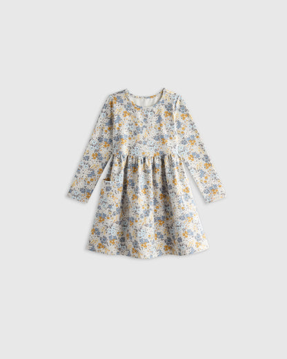 Organic Cotton Long Sleeve Fit and Flare Pocket Dress - 12-18M / Purple Poppy Garden