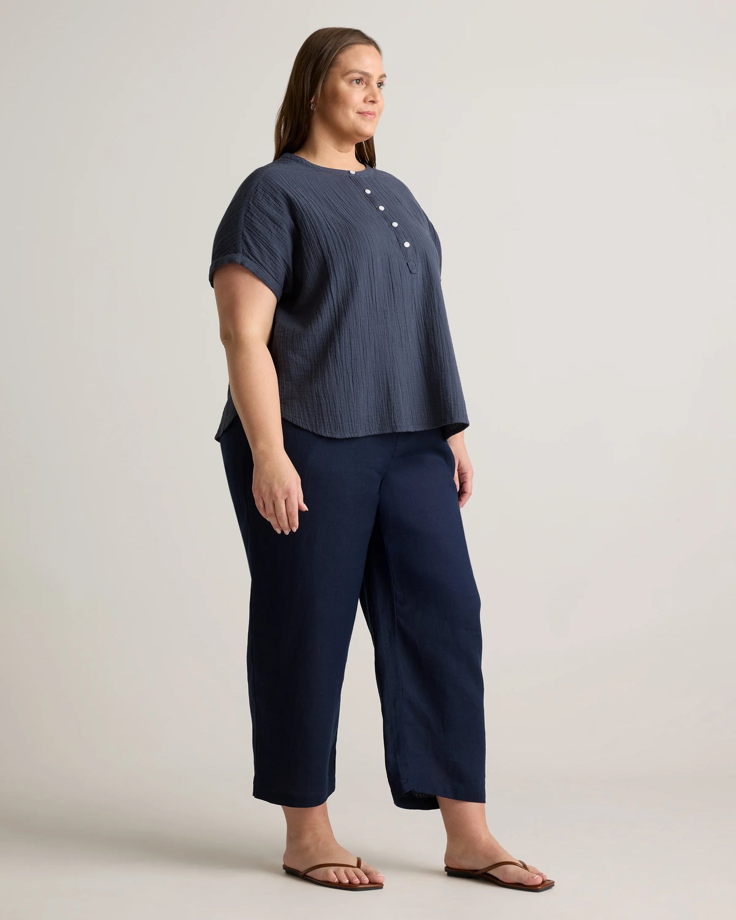 100% Organic Cotton Gauze Roll Sleeve Shirt - 1X / White