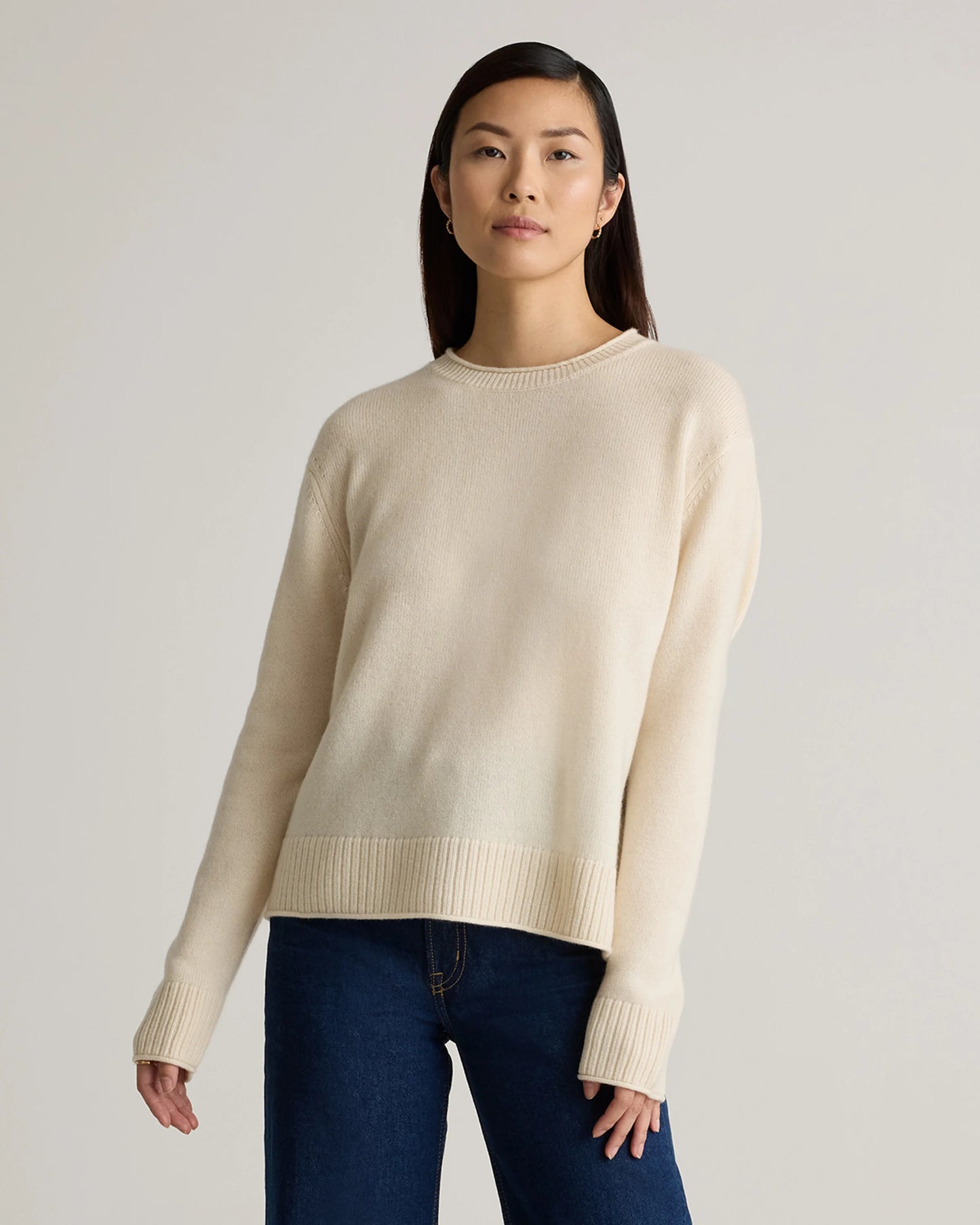 Mongolian Cashmere Boxy Crewneck Sweater - XS / Faded Denim/Brown/Ivory Variegated Stripe