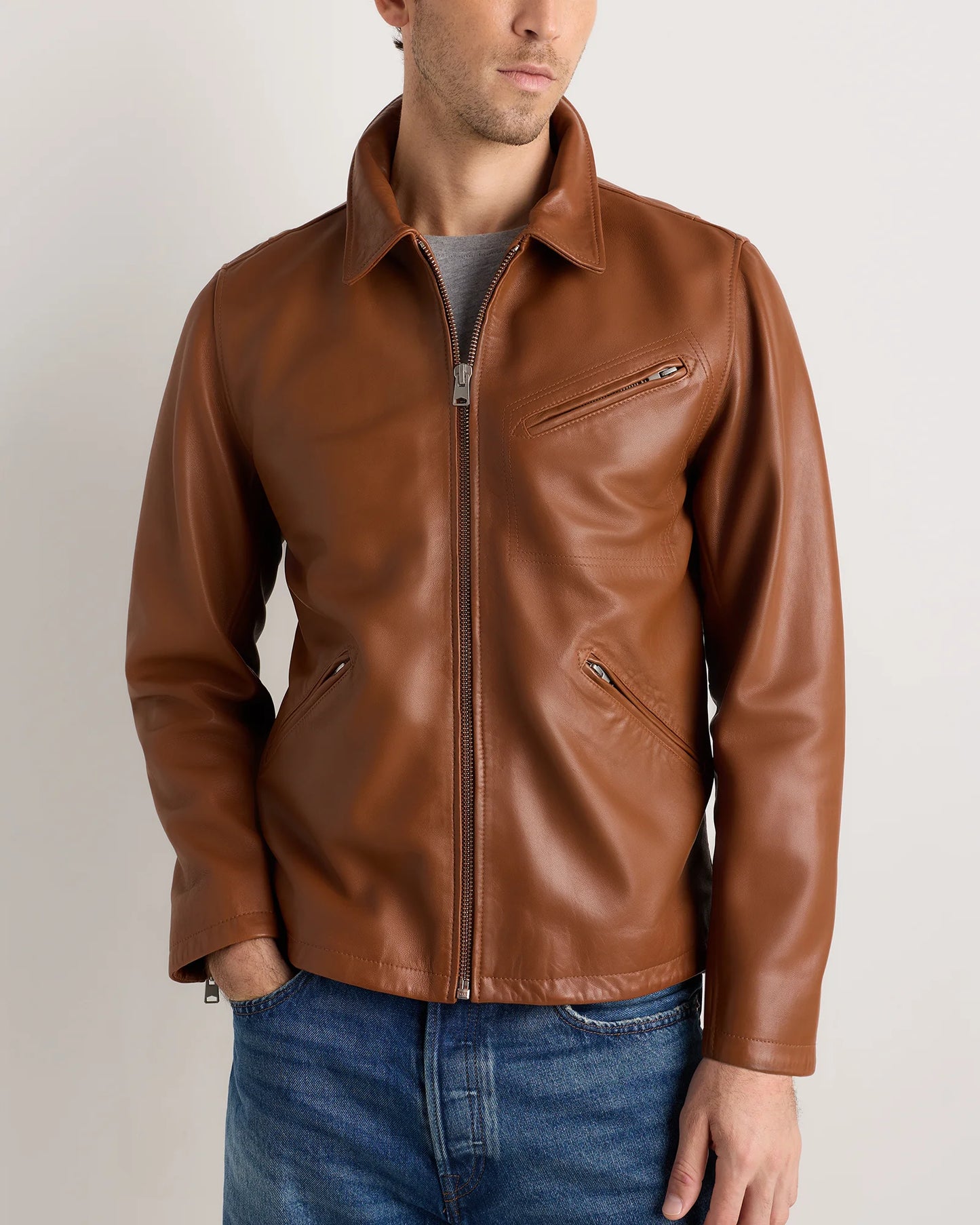 100% Washed Leather Moto Jacket - S / Dark Cognac Brown