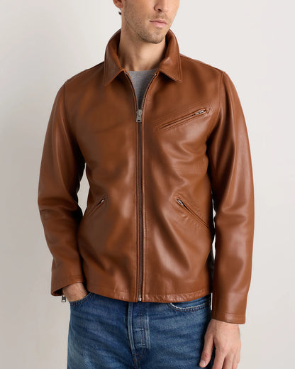 100% Washed Leather Moto Jacket - S / Dark Cognac Brown