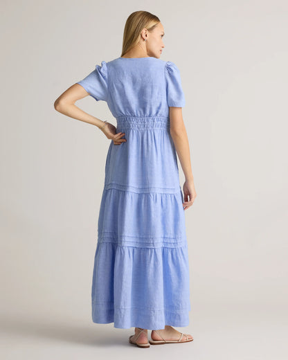 100% European Linen Tiered Maxi Dress - XS / Deep Navy