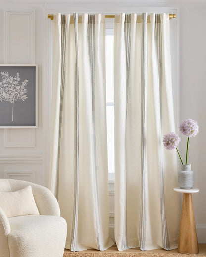 Coastal Stripe Linen Cotton Curtain - Single Panel - 48x84 / Ivory/Fog