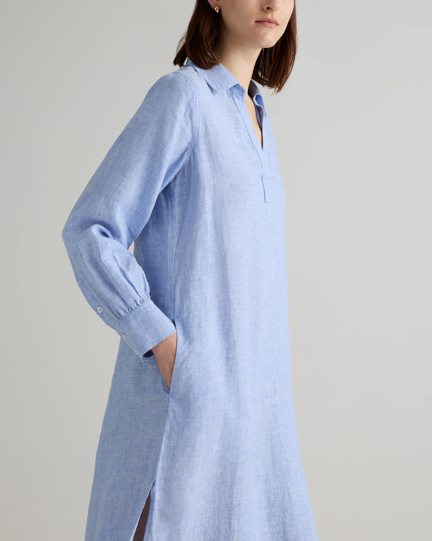 100% European Linen Popover Maxi Dress - XS / Blue Pinstripe