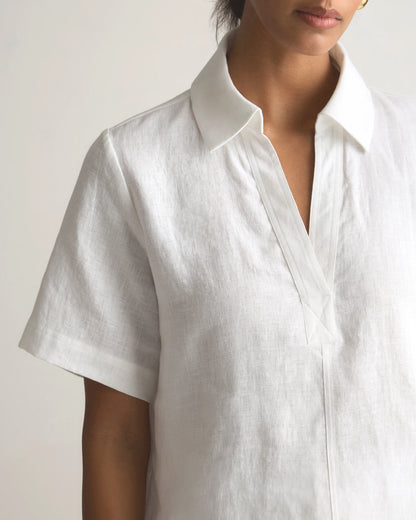 100% European Linen Short Sleeve Popover Top - XS / Blue Pinstripe