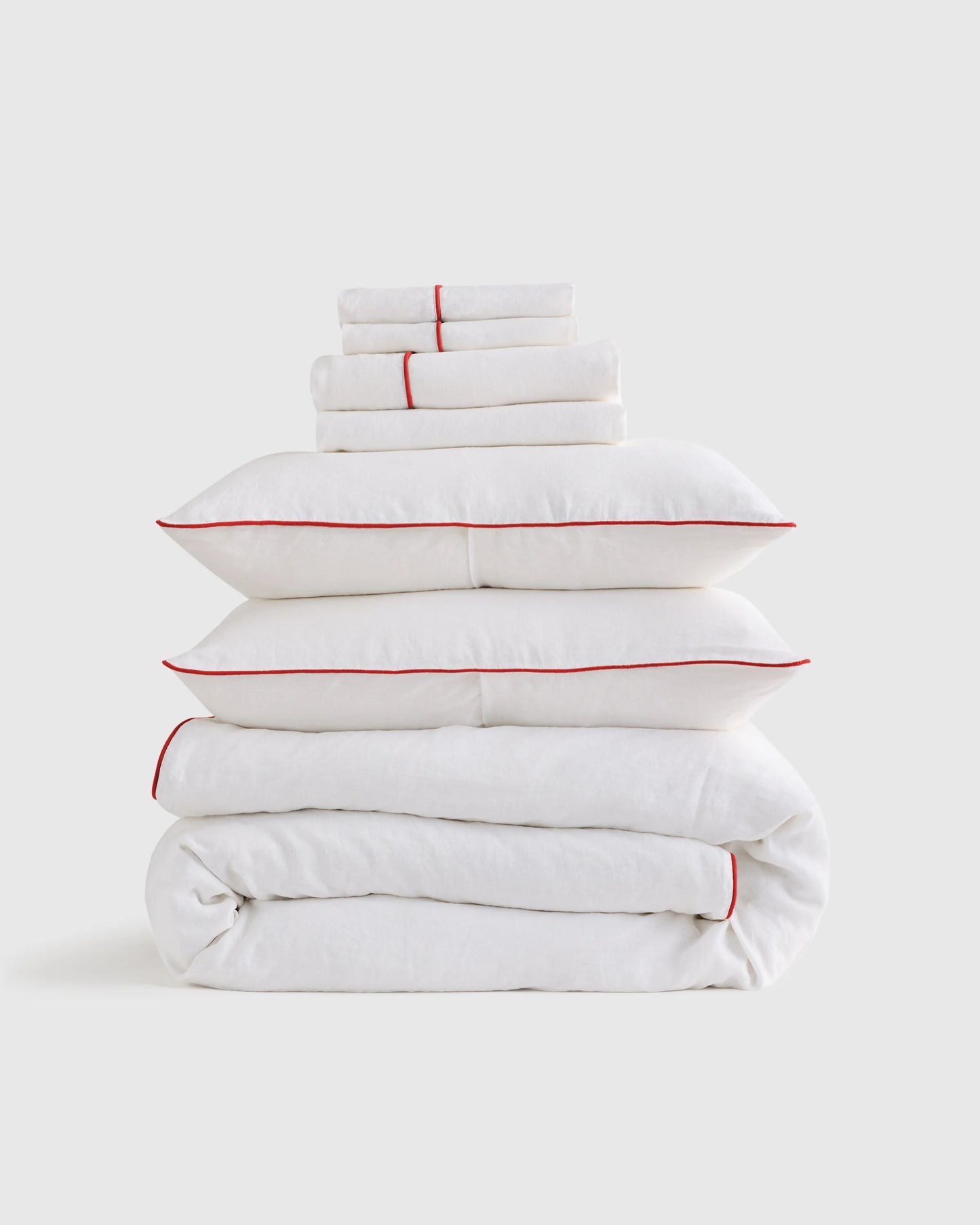 European Linen Piped Deluxe Bedding Bundle - Twin / White/Cherry