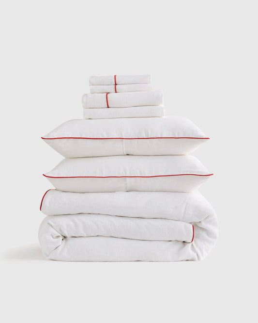 European Linen Piped Deluxe Bedding Bundle - Twin / White/Cherry