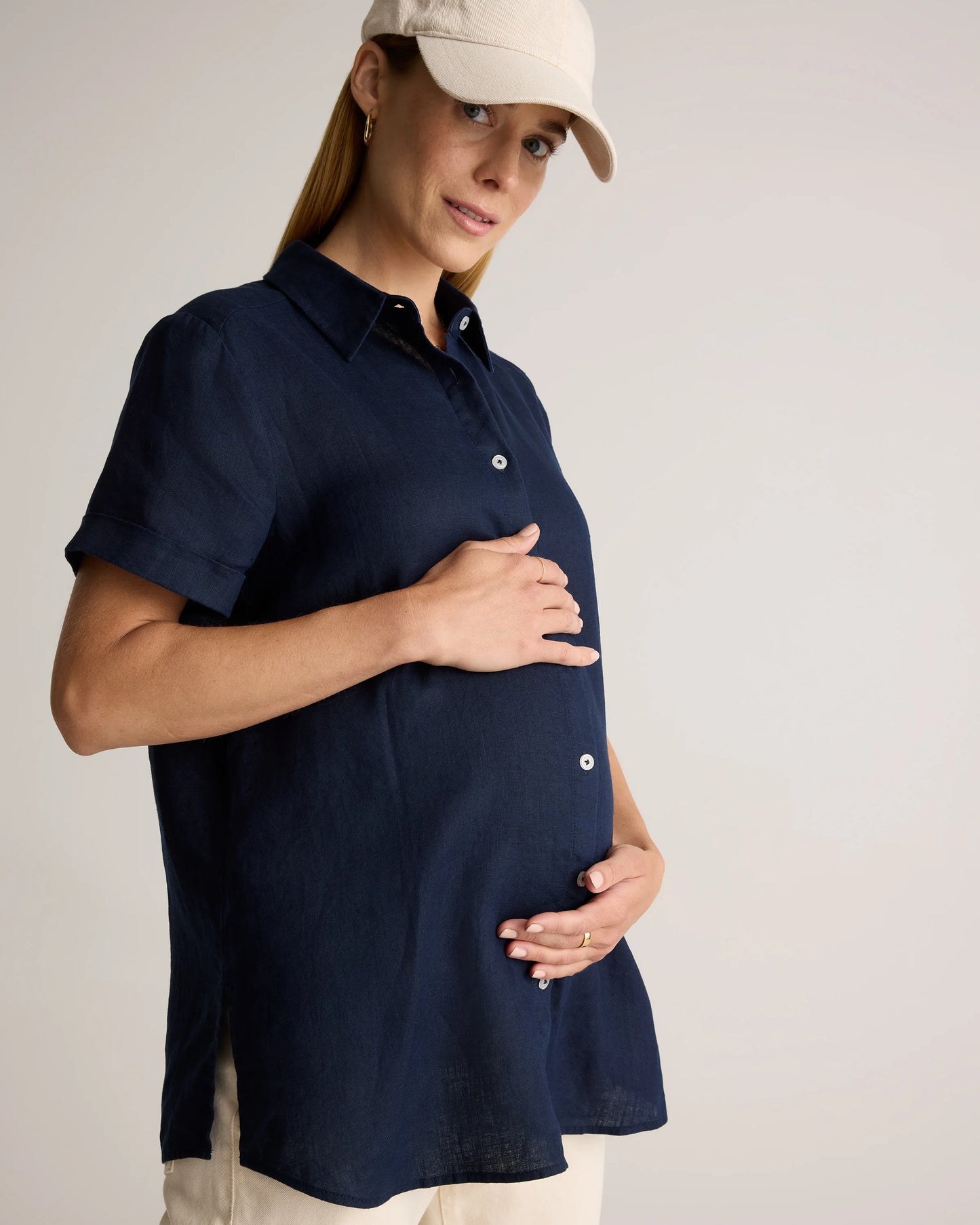 100% European Linen Maternity Camp Shirt - XS / Blue Pinstripe