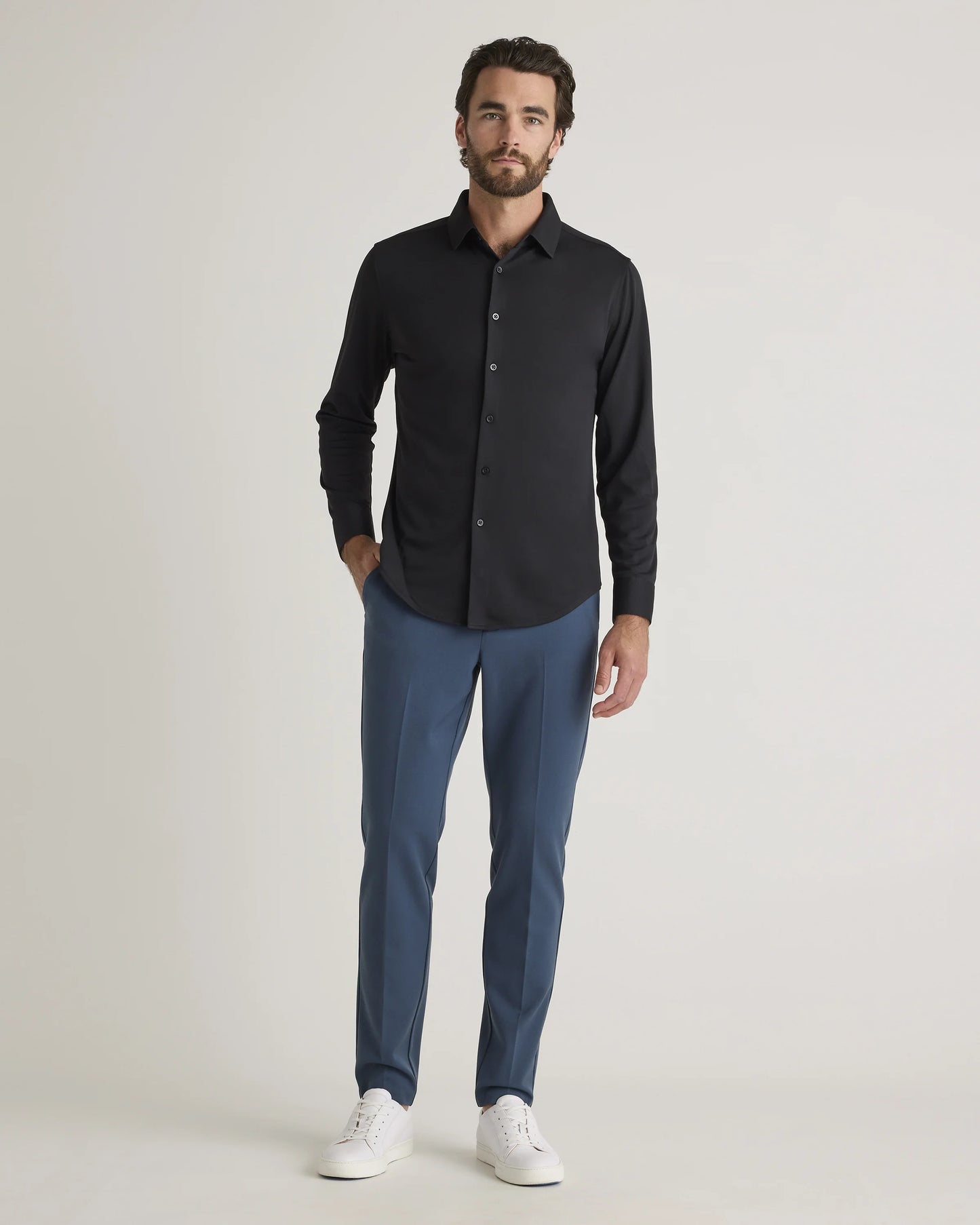 Commuter Stretch Pique Long Sleeve Button Down - XS / Dark Coal