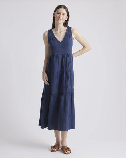 100% Organic Cotton Gauze Tiered Maxi Dress - XS / Indigo Blue