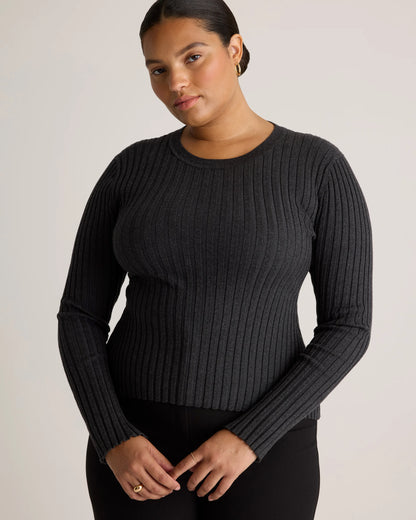 Cotton Cashmere Ribbed Long Sleeve Sweater - XS / Sugar Stone