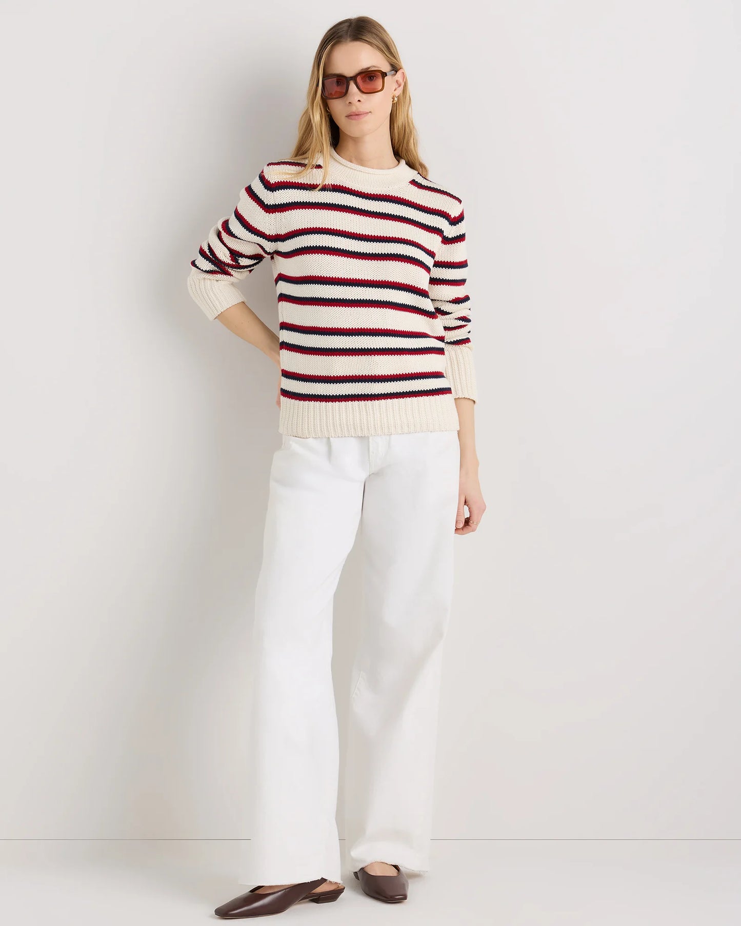 100% Organic Cotton Roll Neck Sweater - XS / Cornflower Mini Stripe