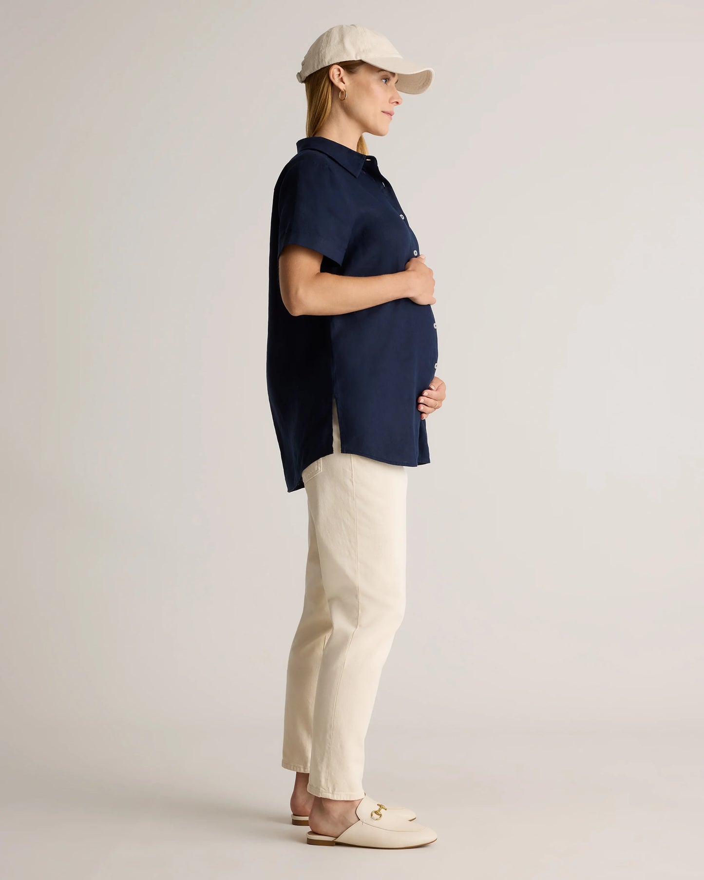 100% European Linen Maternity Camp Shirt - XS / Blue Pinstripe