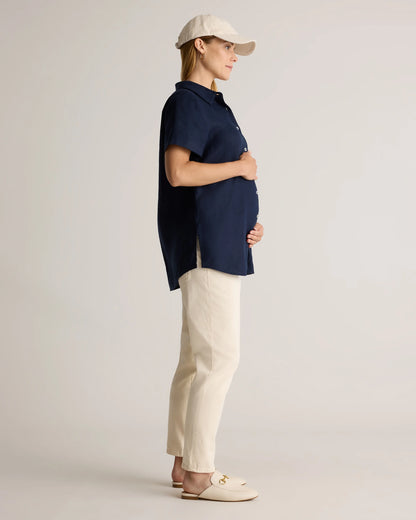 100% European Linen Maternity Camp Shirt - XS / Blue Pinstripe