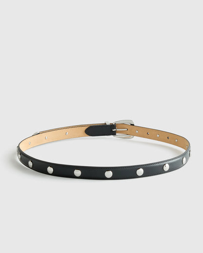 Alyssa European Leather Studded Skinny Belt - XS / Black/Silver