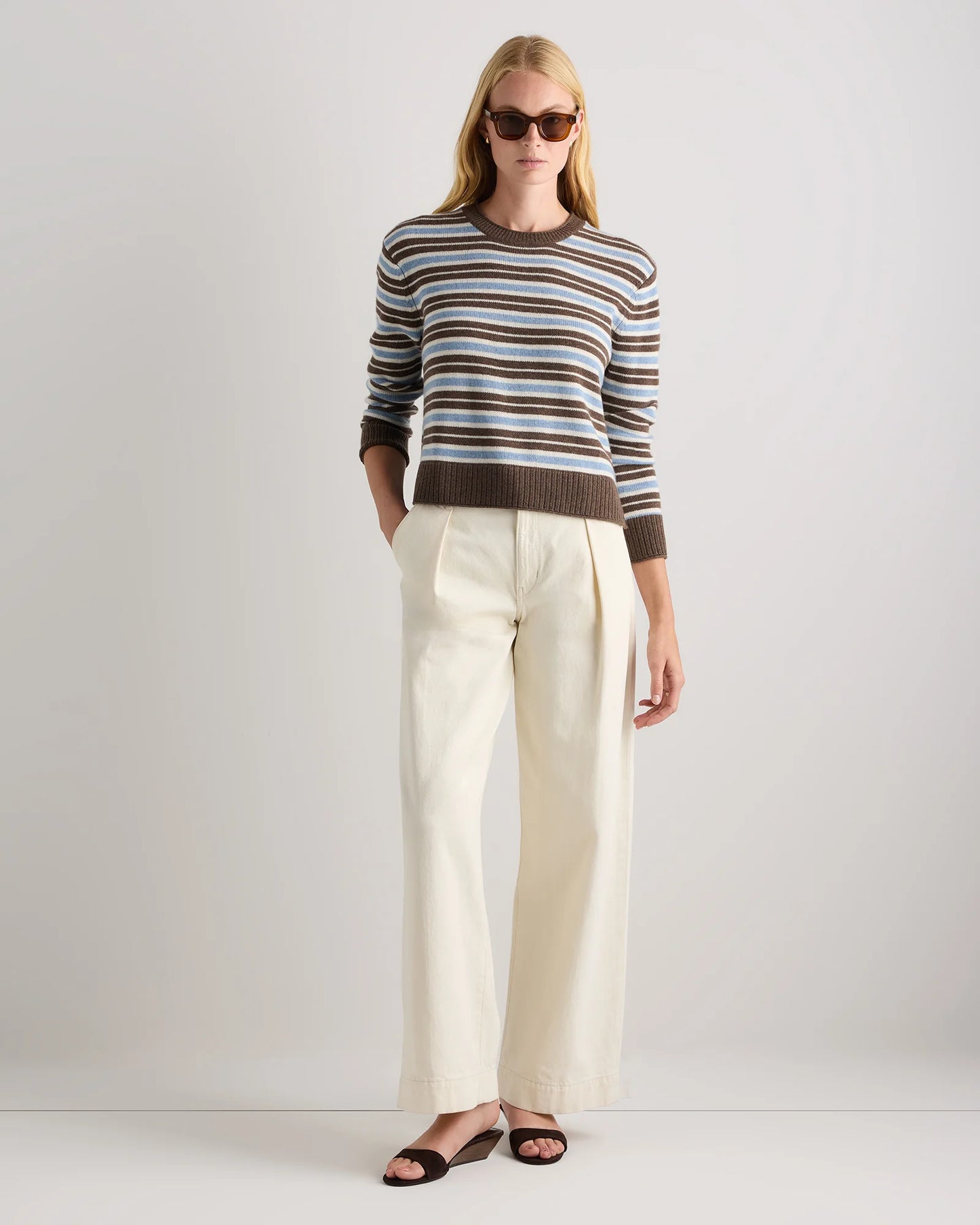 Mongolian Cashmere Boxy Crewneck Sweater - XS / Faded Denim/Brown/Ivory Variegated Stripe