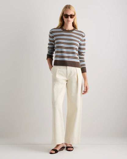 Mongolian Cashmere Boxy Crewneck Sweater - XS / Faded Denim/Brown/Ivory Variegated Stripe