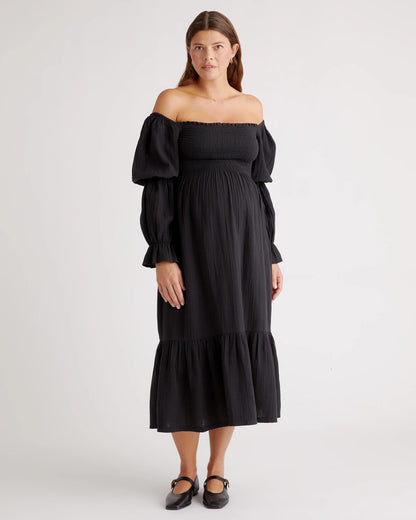 100% Organic Cotton Gauze Maternity Smocked Midi Dress - XS / Wild Cherry