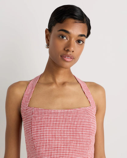 100% European Linen Halter Top - XS / Red Classic Mini Gingham