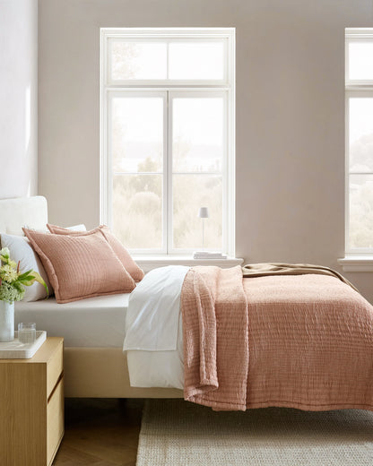 Organic Cotton Channel Stitch Coverlet Set - Twin / Coral Pink