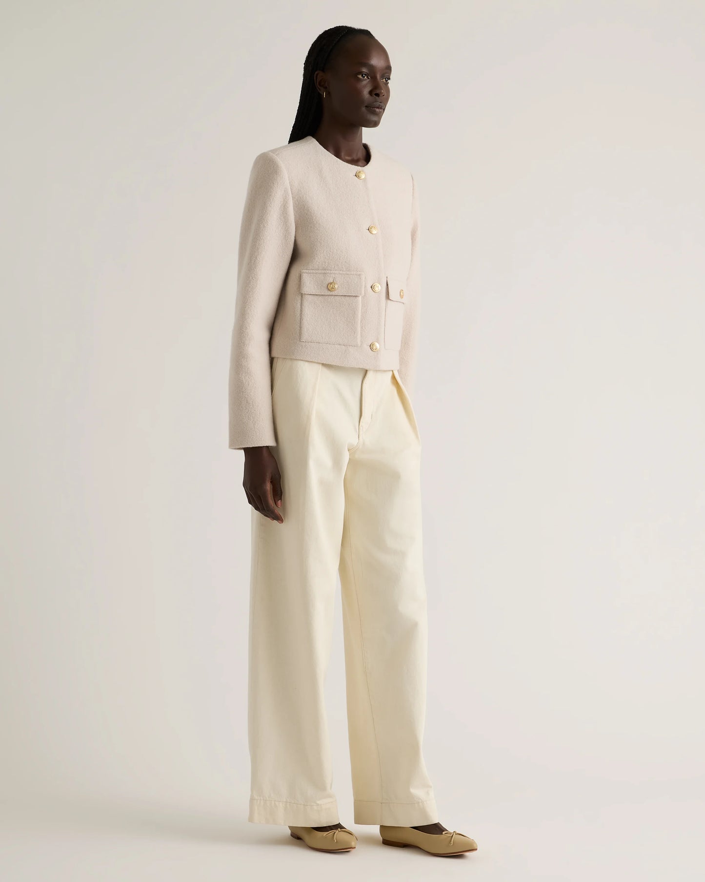 100% Merino Wool Collarless Cropped Jacket - XS / Heather Bone