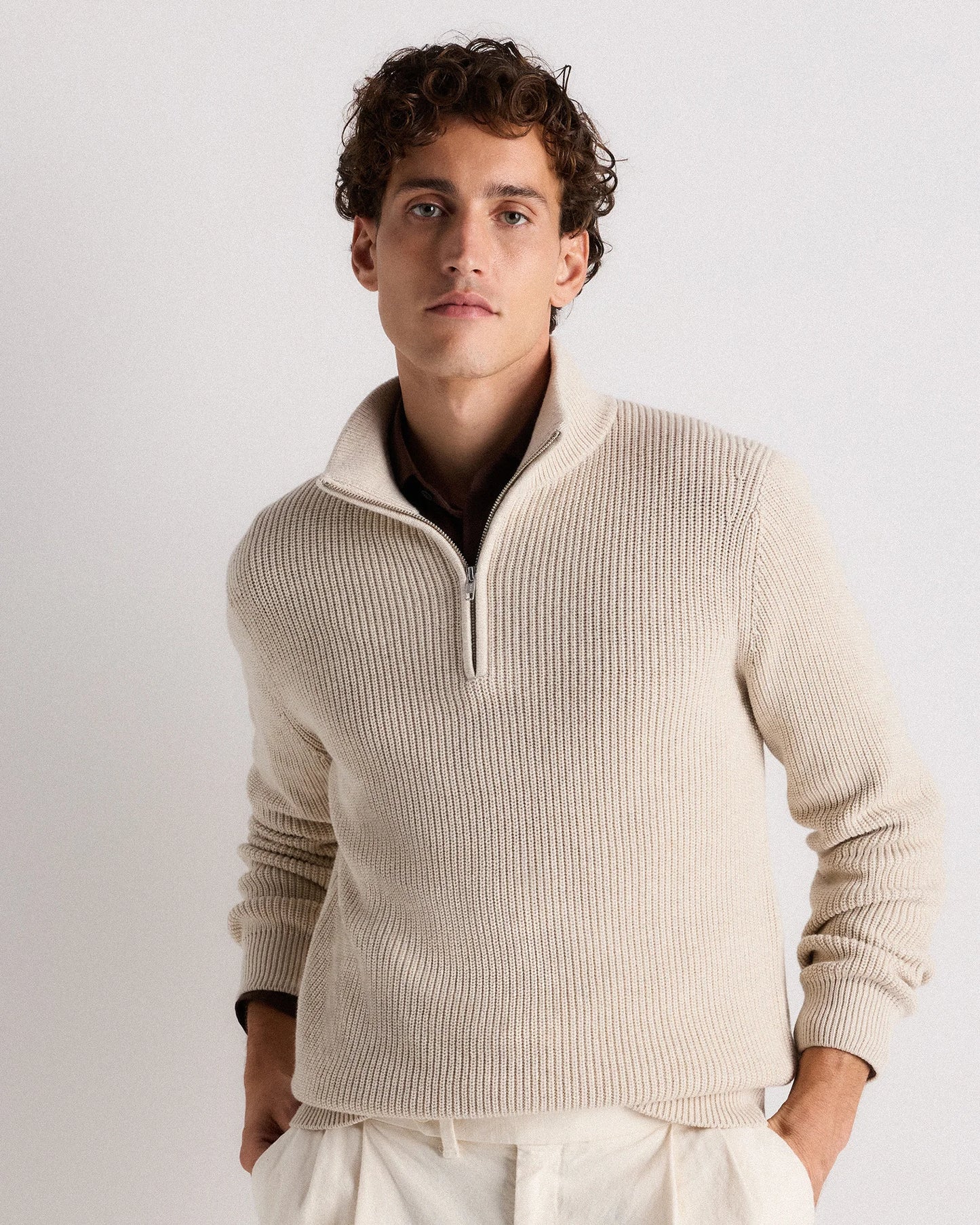 100% Organic Cotton Ribbed Quarter-Zip Sweater - S / Navy