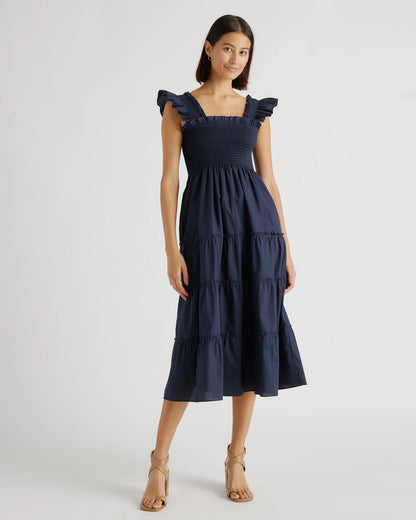 100% Organic Cotton Poplin Smocked Midi Dress - XS / Riviera Blue Heirloom Floral