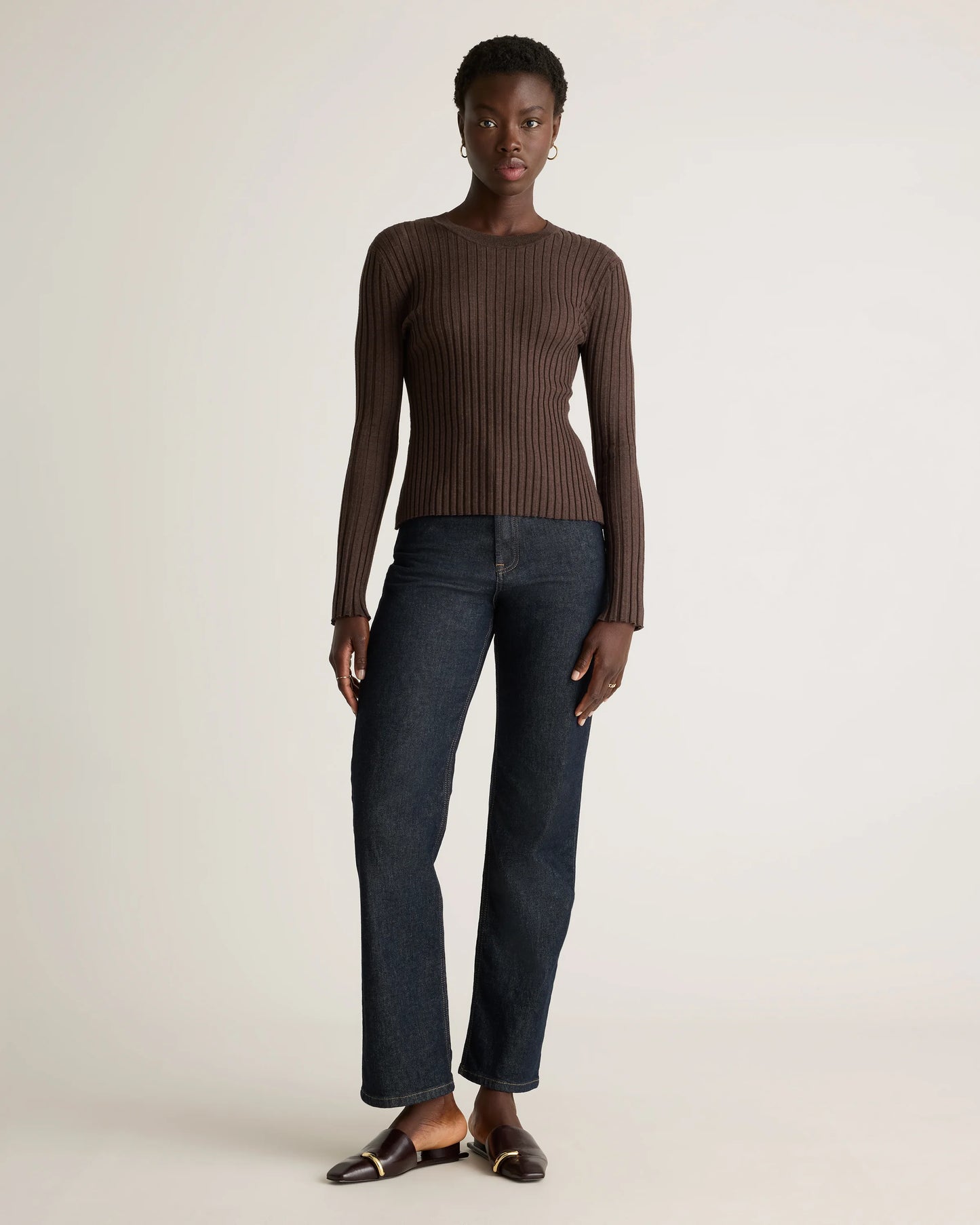 Cotton Cashmere Ribbed Long Sleeve Sweater - XS / Sugar Stone