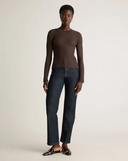 Cotton Cashmere Ribbed Long Sleeve Sweater - XS / Sugar Stone