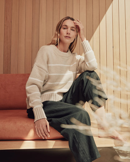 100% Organic Cotton Striped Crew Sweater - XS / Heather Brown/Ivory