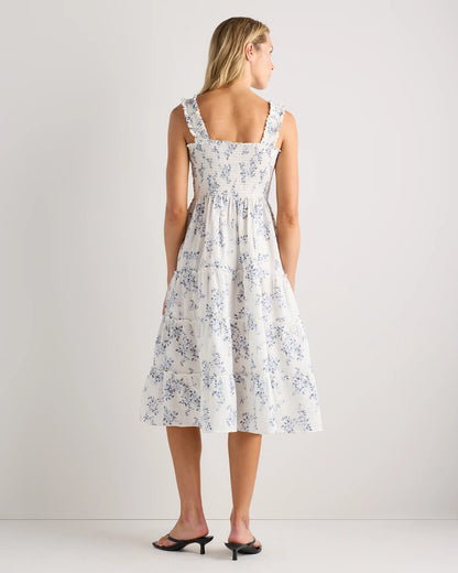100% European Linen Smocked Midi Dress - XS / Ivory Porcelain Blue Petite Floral