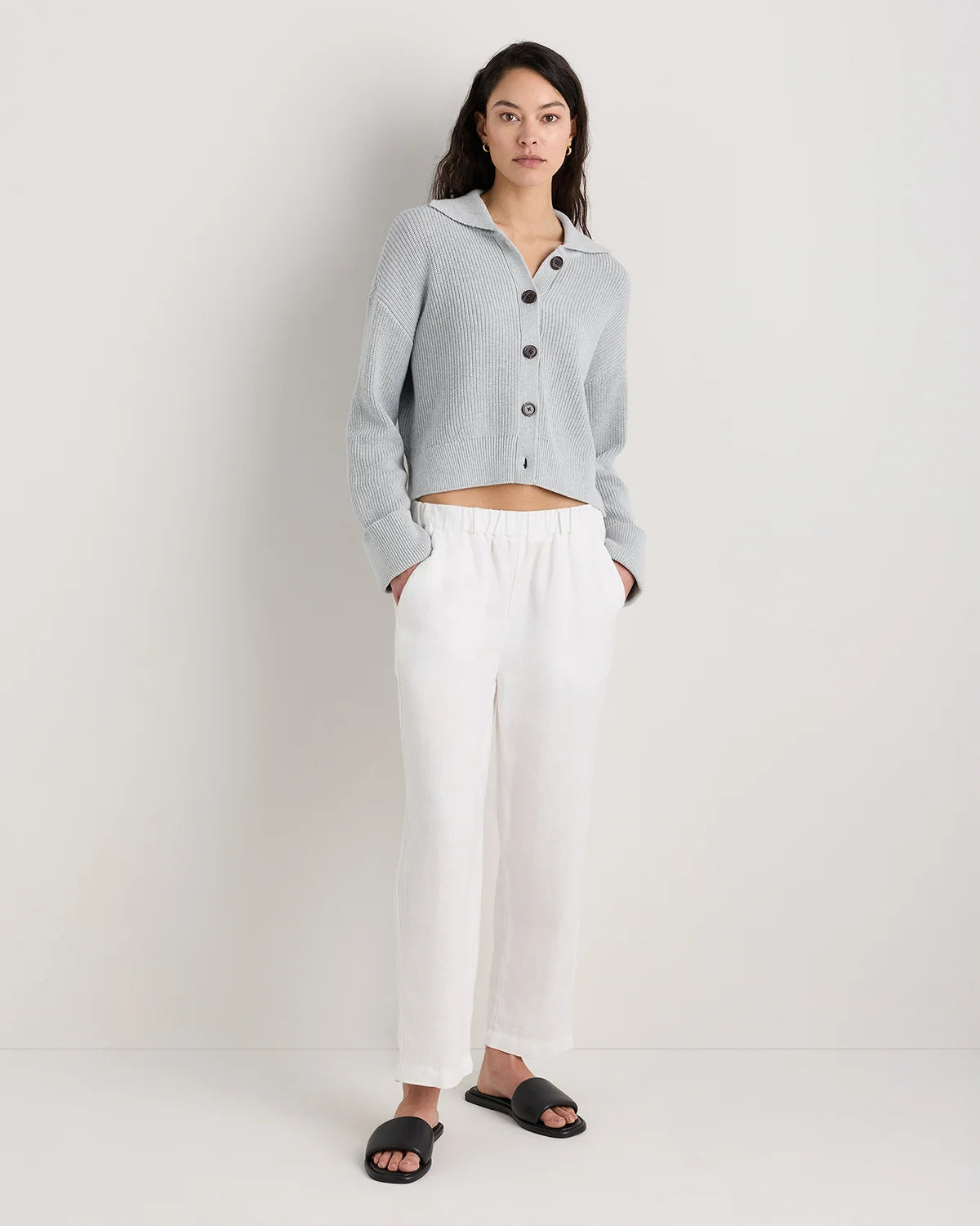 100% Organic Cotton Fisherman Collared Cardigan - XS / Heather Dove Grey