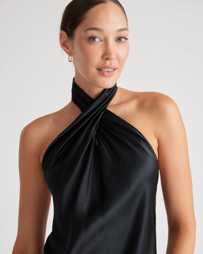 100% Washable Silk Twist Halter Midi Dress - XS / Black