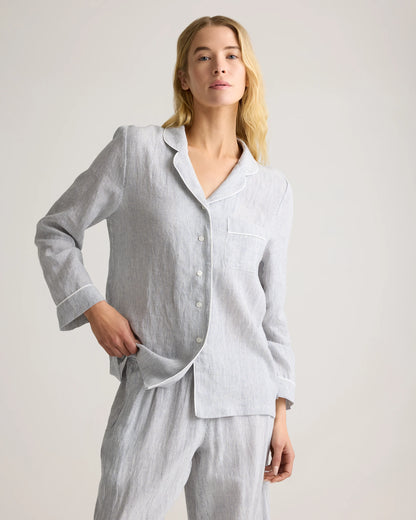 100% European Linen Long Sleeve Pajama Set with Piping - XS / Taupe Brown Gingham