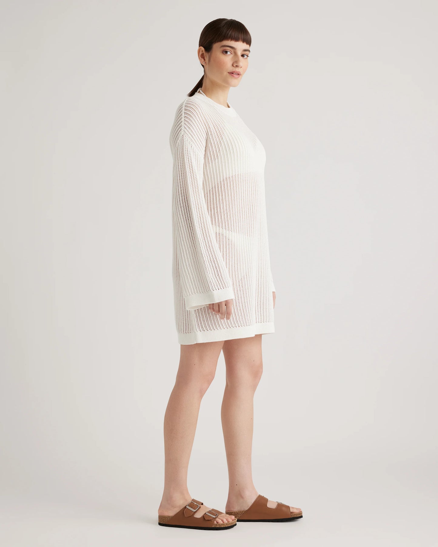 100% Organic Cotton Open-Knit Long Sleeve Cover-Up Mini Dress - XS / Beige