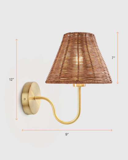Curved Iron Sconce with Rattan Shade - One Size / Light Brown