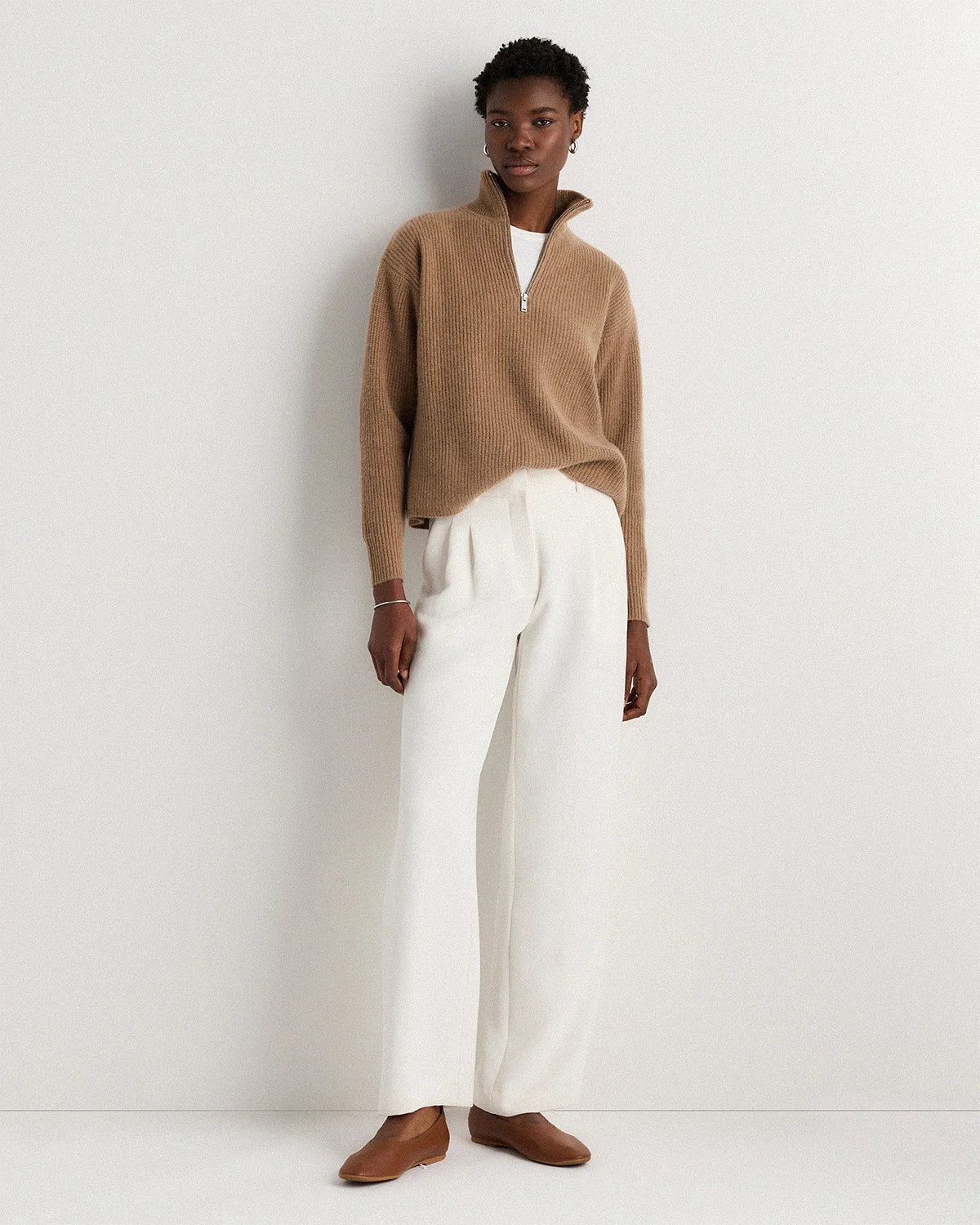 Mongolian Cashmere Fisherman Quarter Zip Sweater - XS / Ivory