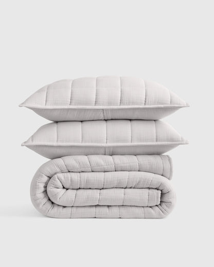 Organic Cotton Gauze Box Quilt Set - Twin / Mineral