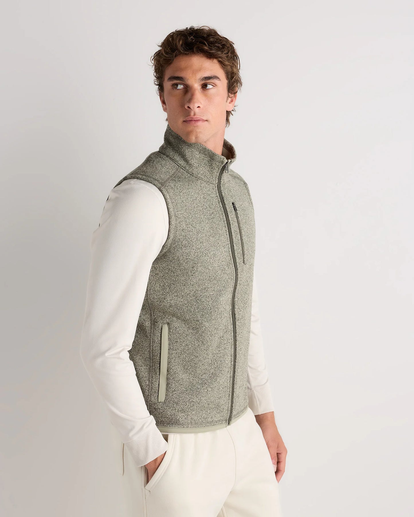 Sweater-Knit Fleece Full-Zip Vest - S / Heather Mineral Green