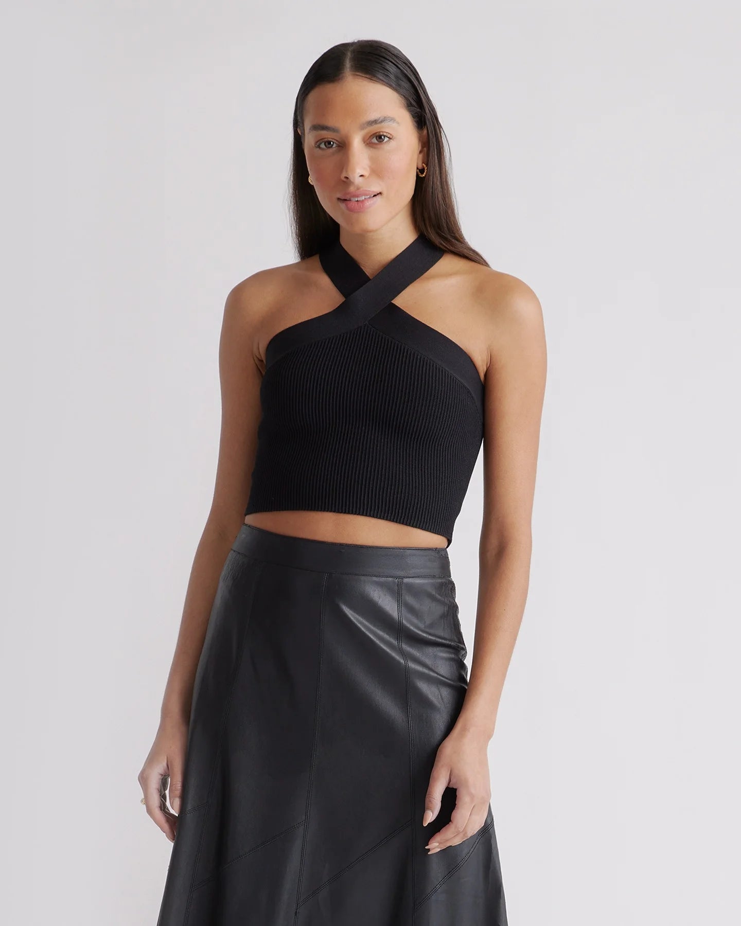Cropped Halter Ribbed Knit Tank - XS / Black