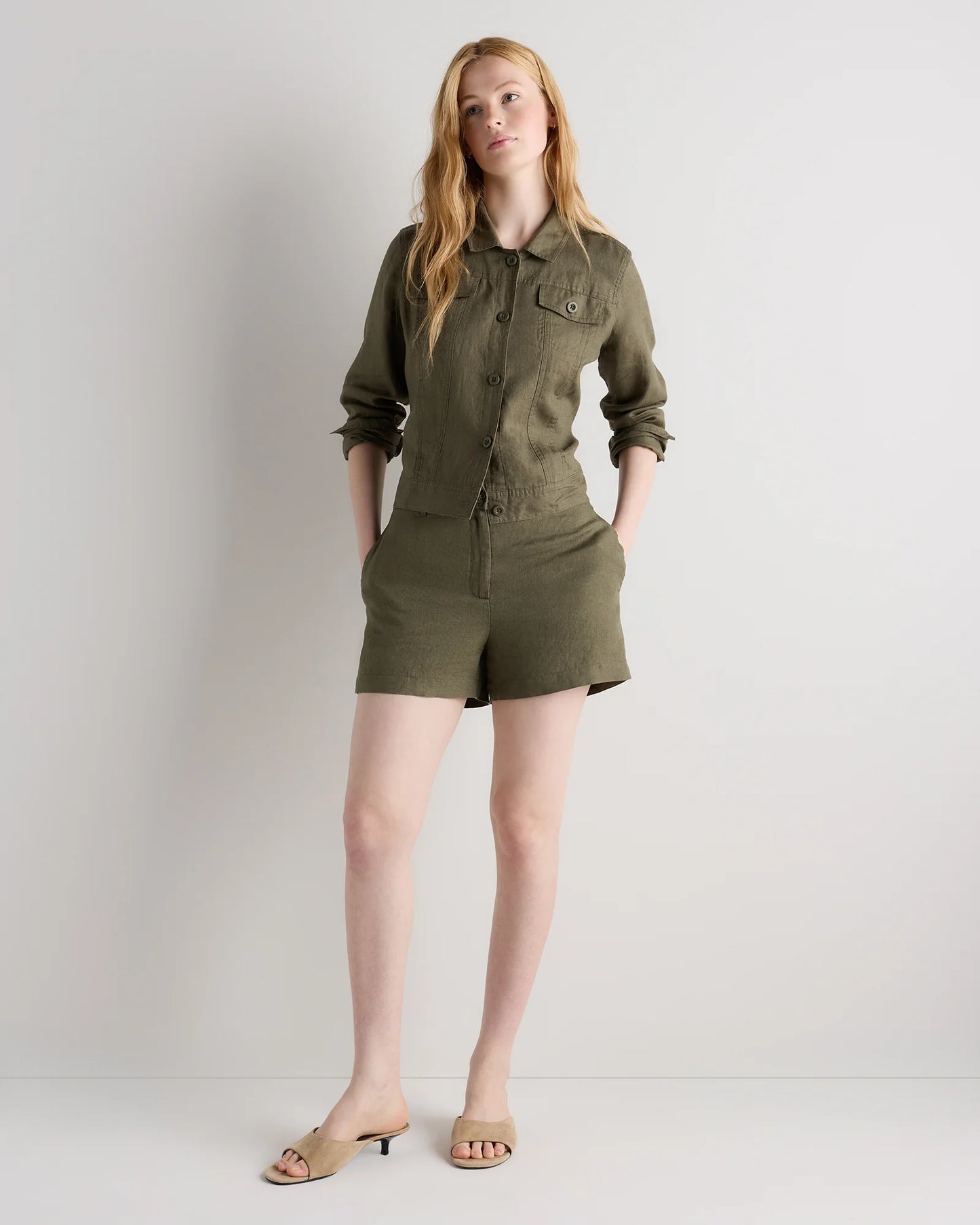 100% European Linen Trouser Shorts - 0 / Bayberry Olive