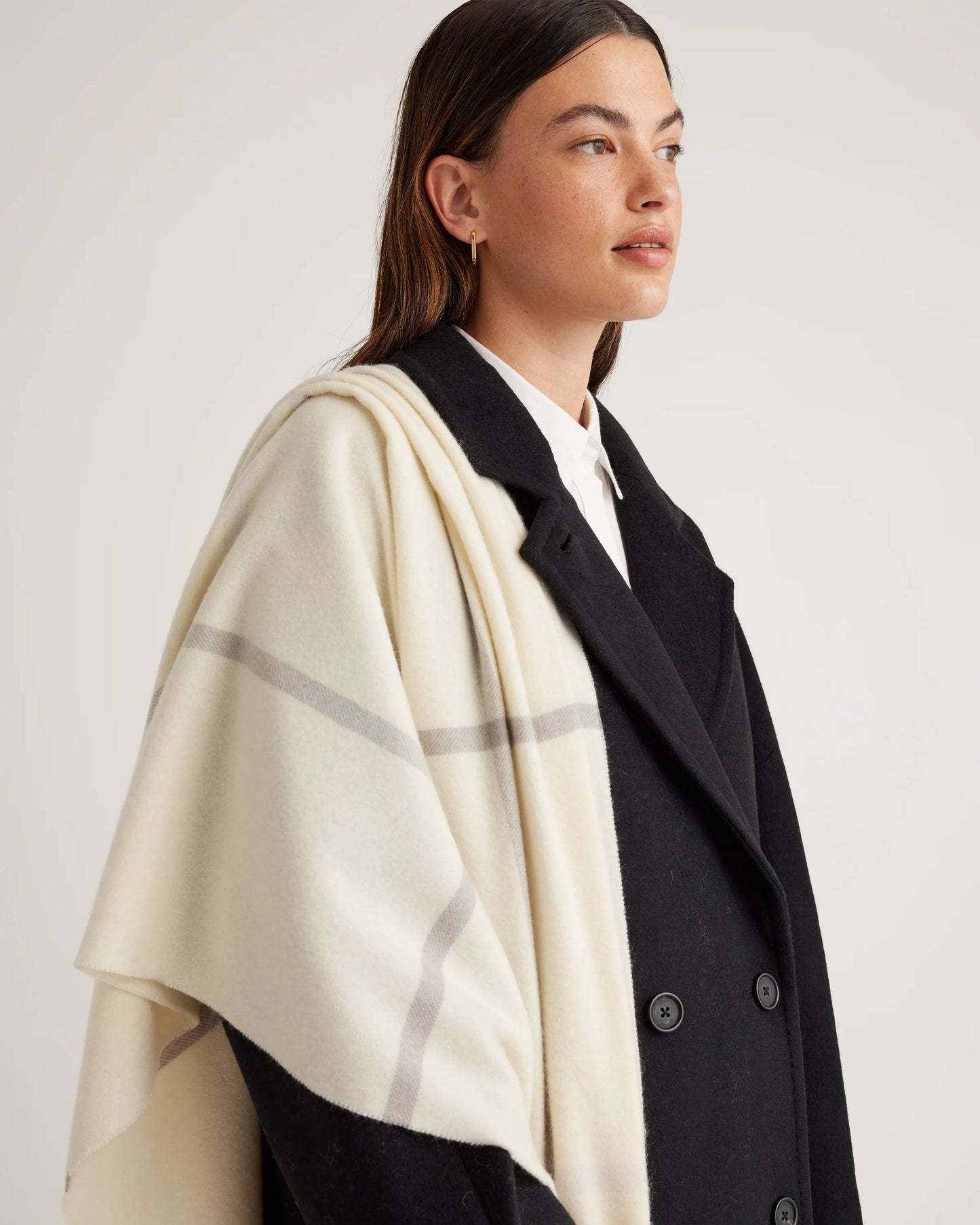 Mongolian Cashmere Plaid Wrap - One Size / Ivory/Grey Plaid